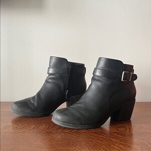 Clarks Black Leather Ankle Booties with Buckle